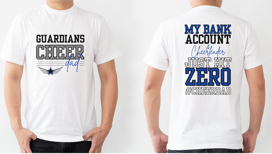 White t-shirt with text on front and back, worn by a person.