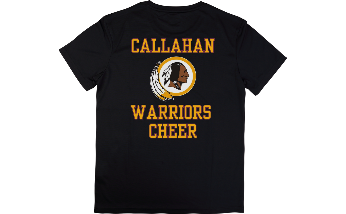 Black t-shirt with 'Callahan Warriors Cheer' text and logo on a white background