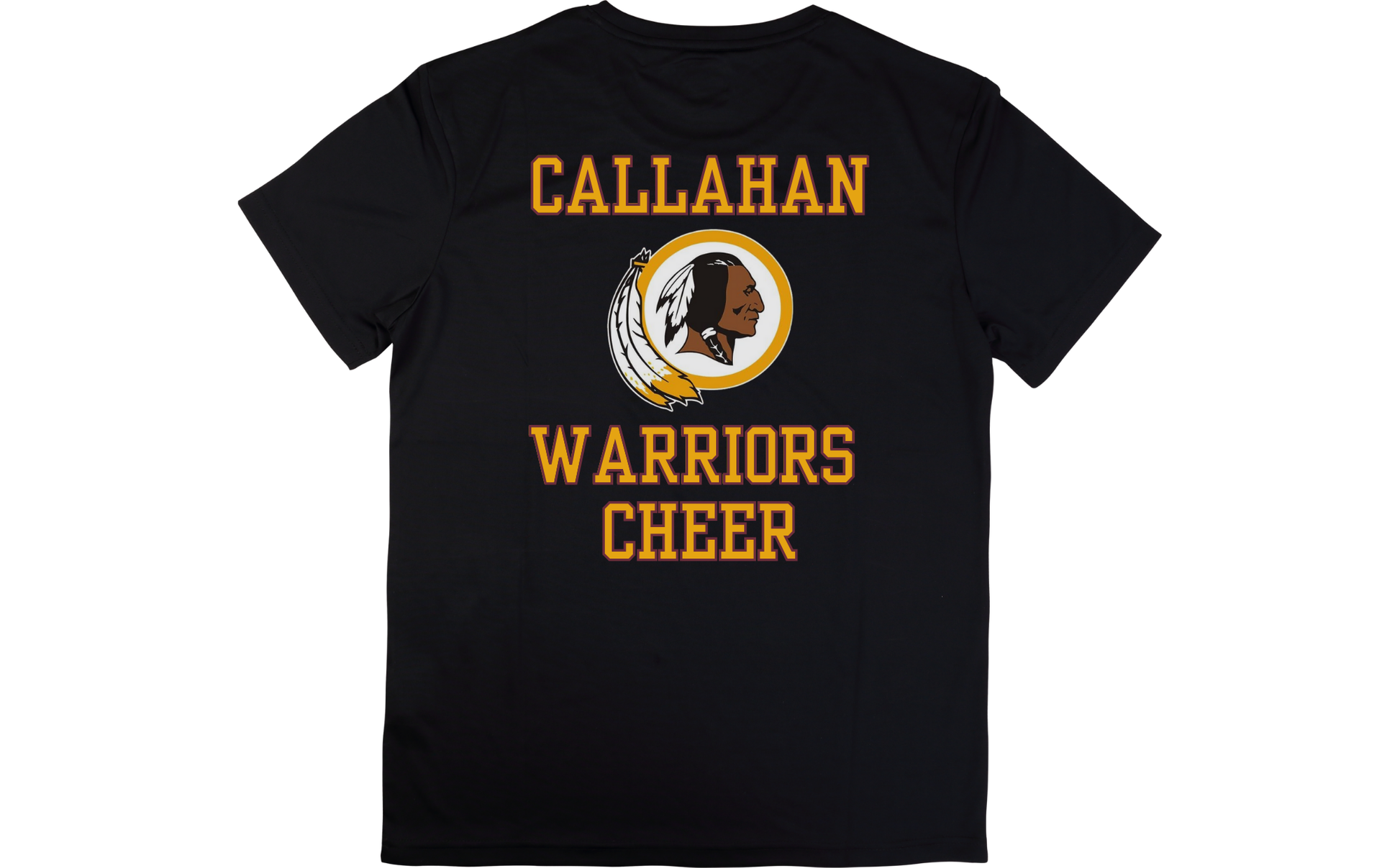 Black t-shirt with 'Callahan Warriors Cheer' text and logo on a white background