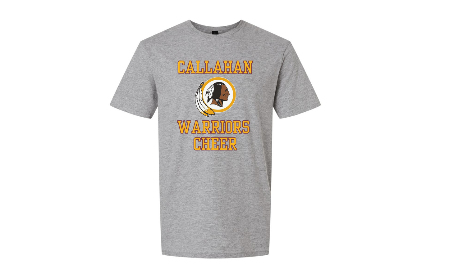 Gray t-shirt with 'Callahan Warriors Cheer' text and logo on a white background