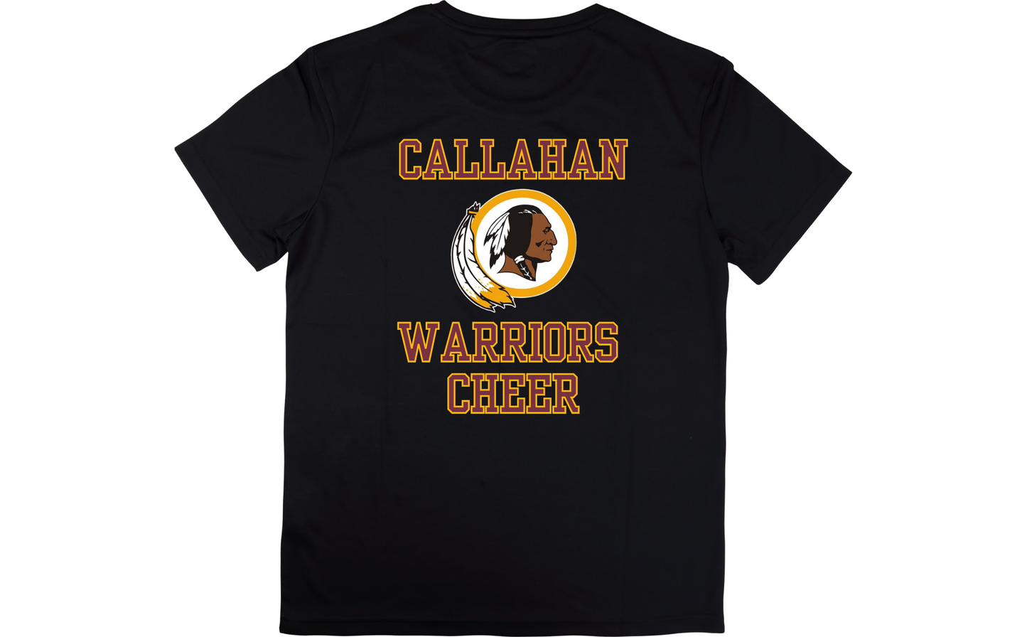 Black t-shirt with 'Callahan Warriors Cheer' text and logo on a white background