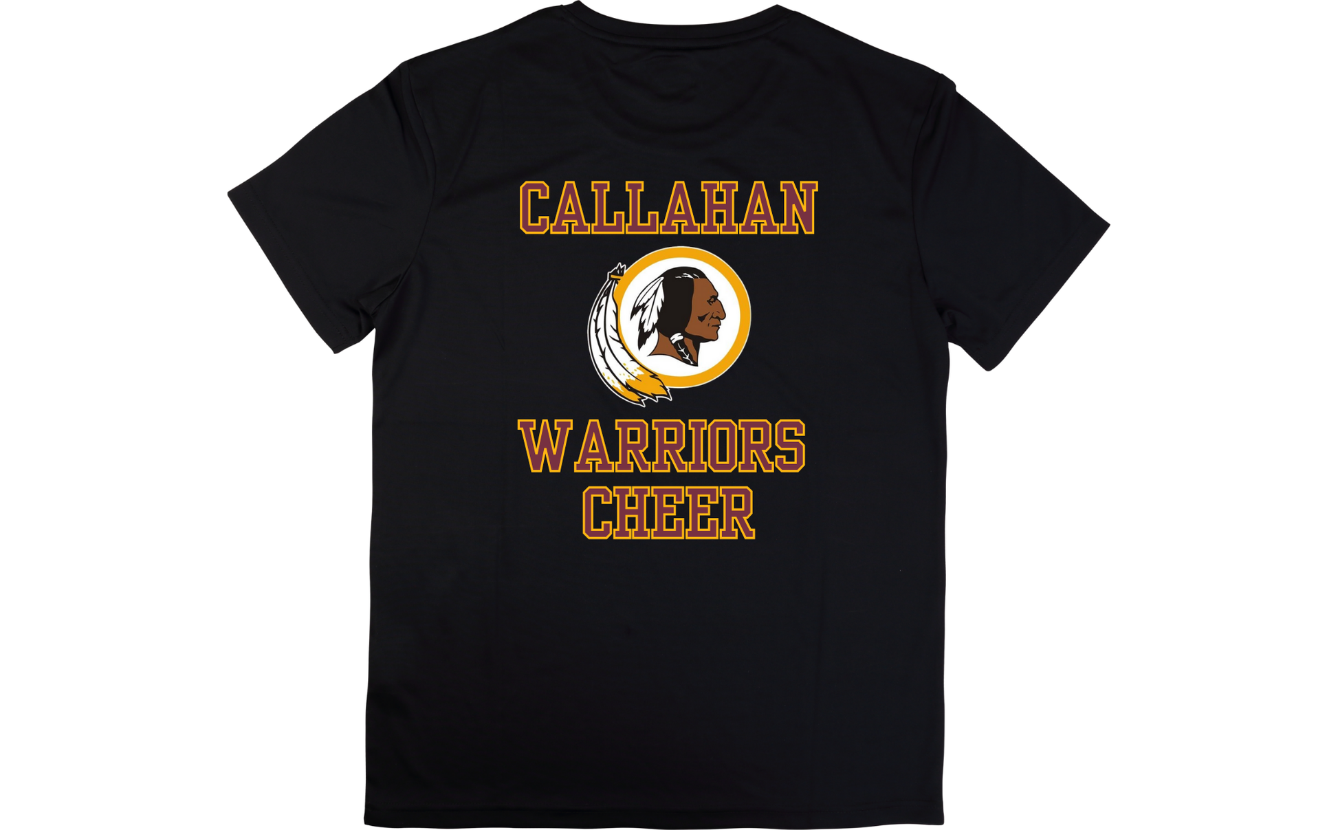 Black t-shirt with 'Callahan Warriors Cheer' text and logo on a white background