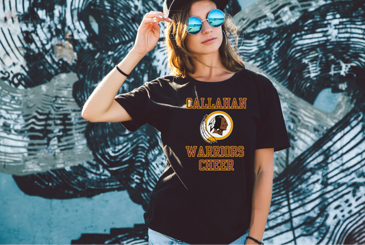 Woman wearing a black t-shirt with 'Callahan Warriors Cheer' design against an abstract mural background.