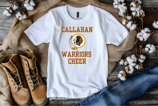 White t-shirt with 'Callahan Warriors Cheer' design on a rustic wooden surface with boots and cotton.