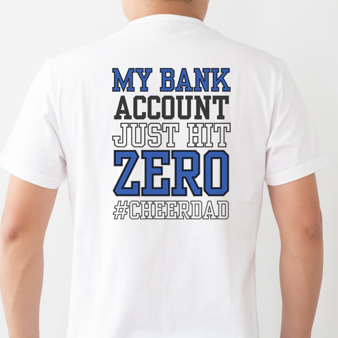 White t-shirt with blue and black text on the back, displayed on a person.