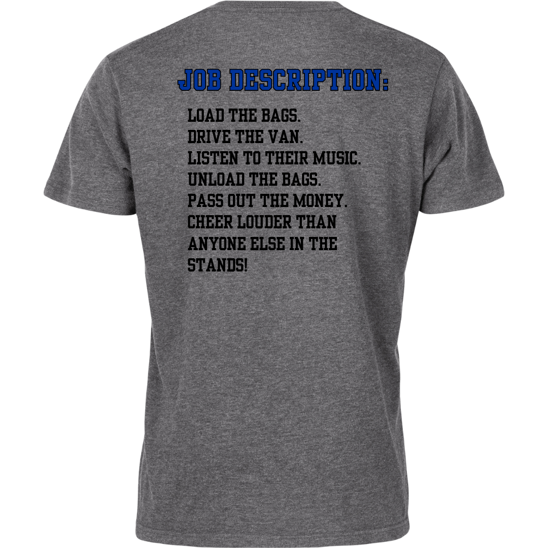 Gray t-shirt with humorous job description text on the back against a white background