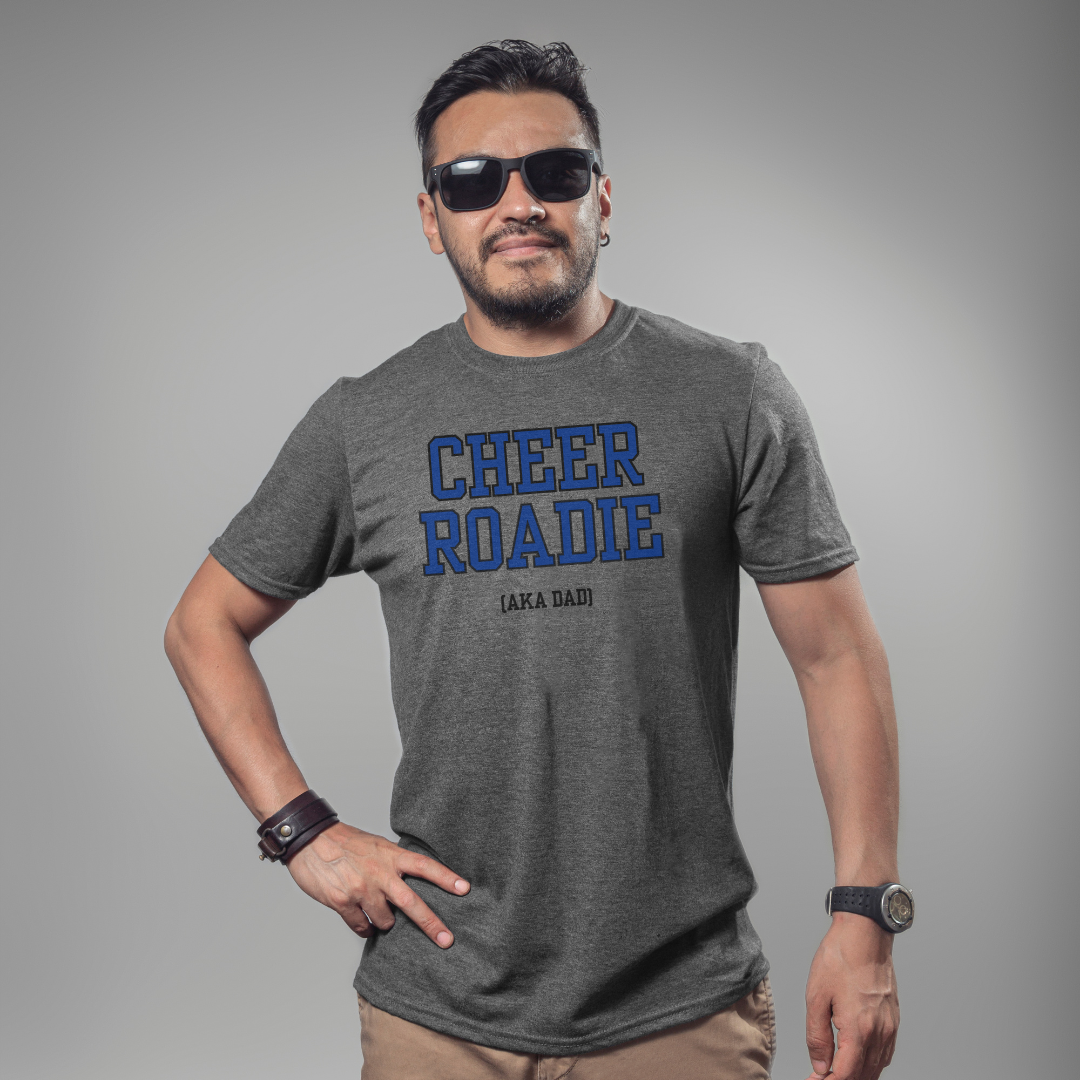 Man wearing a gray t-shirt with 'CHEER ROADIE' text on a gray background