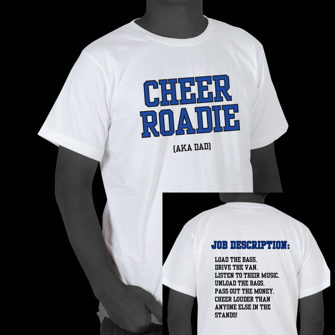 White t-shirt with blue text on a mannequin, showing front and back views.