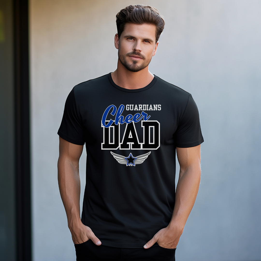 Man wearing a black t-shirt with 'Guardians Cheer Dad' text and graphic.