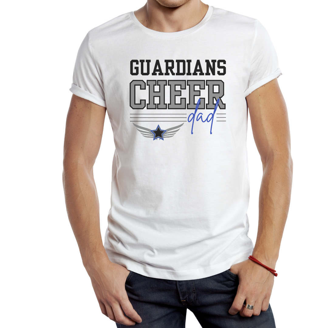 White t-shirt with 'GUARDIANS CHEER dad' text and graphic on a white background
