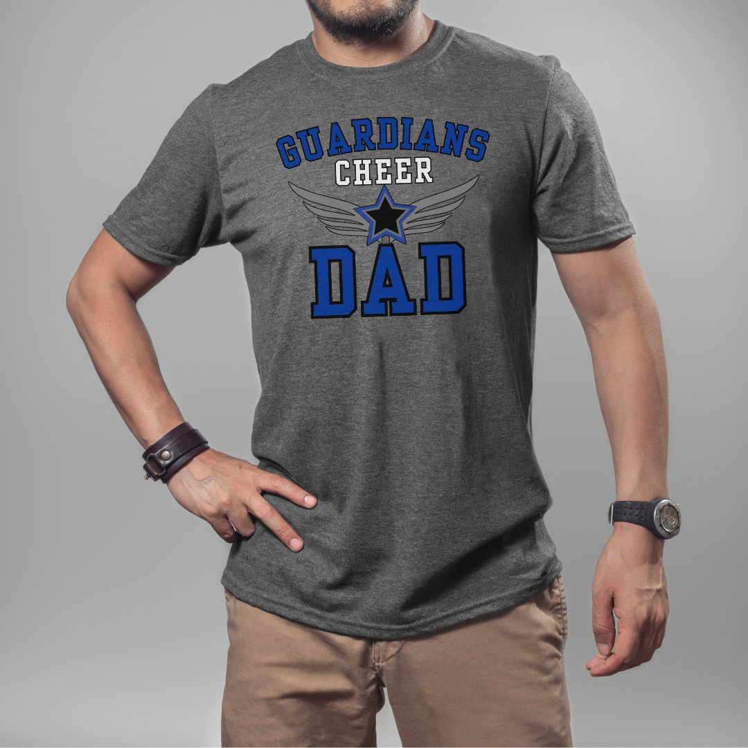 Person wearing a gray t-shirt with 'GUARDIANS CHEER DAD' text on a gray background