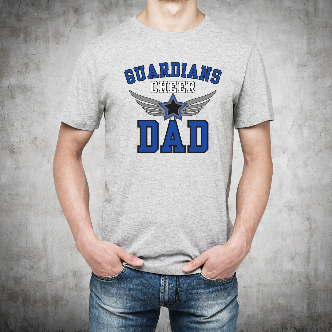 Person wearing a gray t-shirt with 'GUARDIANS CHEER DAD' text and design.