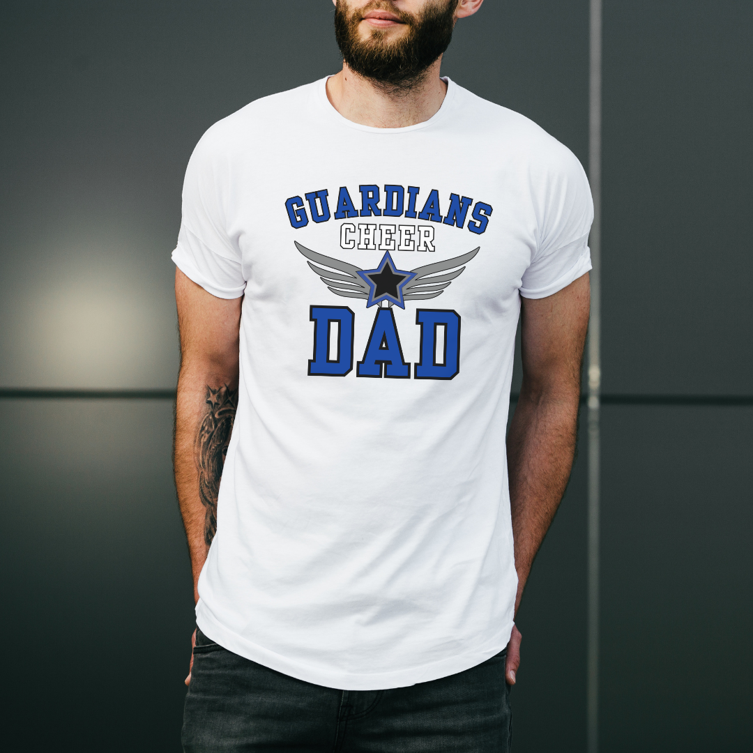 Man wearing a white t-shirt with 'GUARDIANS CHEER DAD' text and design.