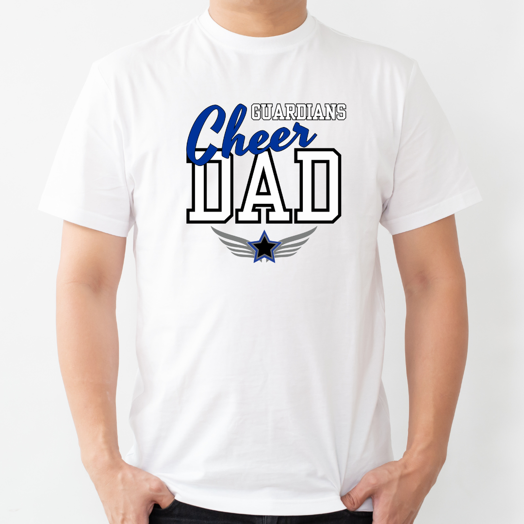 White t-shirt with 'Cheer Dad' text and star design on a white background