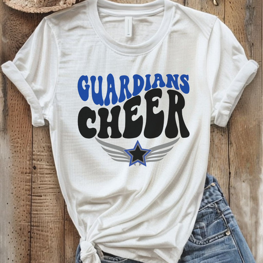 White T-shirt with black and blue lettering "Guardians Cheer"