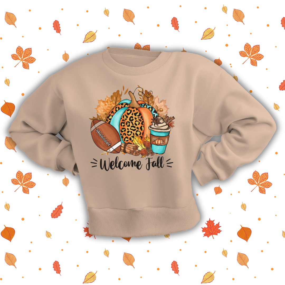 Welcome Fall, Football, Coffee, Sweatshirt, Crewneck Sweatshirt, Pumpkin, Fall